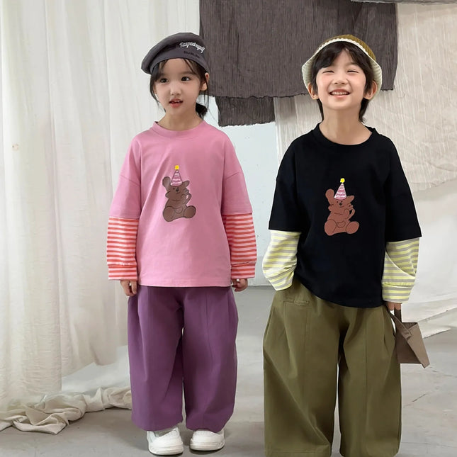 キッズトップス ボーダー袖ドッキングベアくまプリント長袖Tシャツ 2カラー - mamahalo shop - 長袖Tシャツ -  べビー服 - 子供服 - 男の子 - 女の子