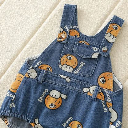 -ベビーオーバーオール 帽子セット デニムサスペンダーボディスーツ バケットハット スマイルプリント【mh0005768】 - mamahalo shop - ノースリーブロンパース -  べビー服 - 子供服 - 男の子 - 女の子
