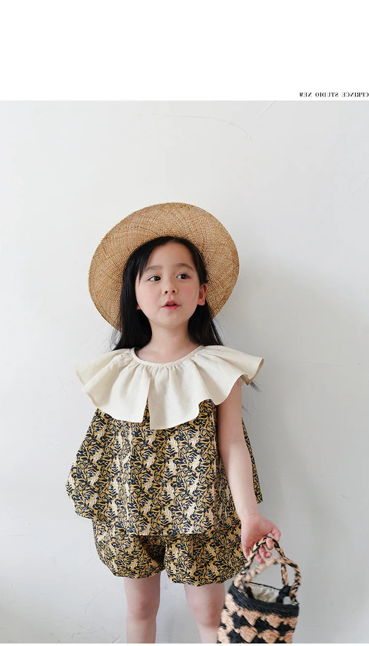 -キッズ ストライプ セットアップ フリルカラー 半袖 ブラウス バルーン ショートパンツ - mamahalo shop - ノースリーブセットアップ -  べビー服 - 子供服 - 男の子 - 女の子