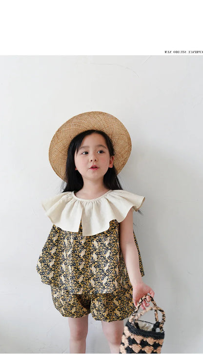 -キッズ ストライプ セットアップ フリルカラー 半袖 ブラウス バルーン ショートパンツ - mamahalo shop - ノースリーブセットアップ -  べビー服 - 子供服 - 男の子 - 女の子