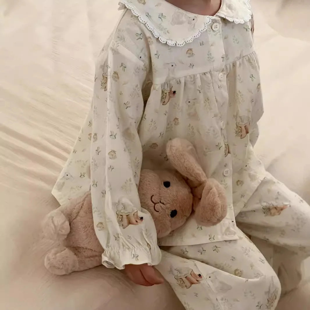 -キッズパジャマセット アップルりんご/うさぎバニープリント長袖ブラウス+ロングパンツ 3カラー - mamahalo shop - 長袖パジャマ -  べビー服 - 子供服 - 男の子 - 女の子