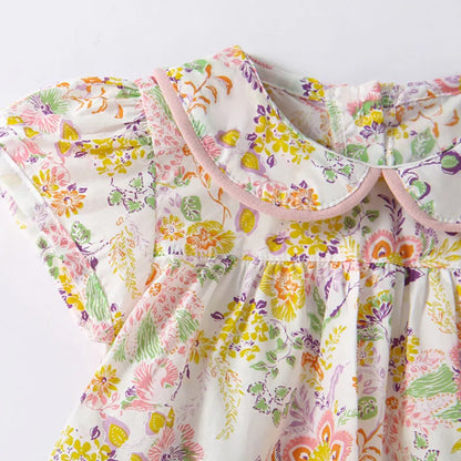 -ベビーセットアップ 2点セット 丸襟 半袖チュニックブラウス+フリルブルマパンツ フラワー花柄プリント【mh0005499】 - mamahalo shop - 半袖セットアップ -  べビー服 - 子供服 - 男の子 - 女の子