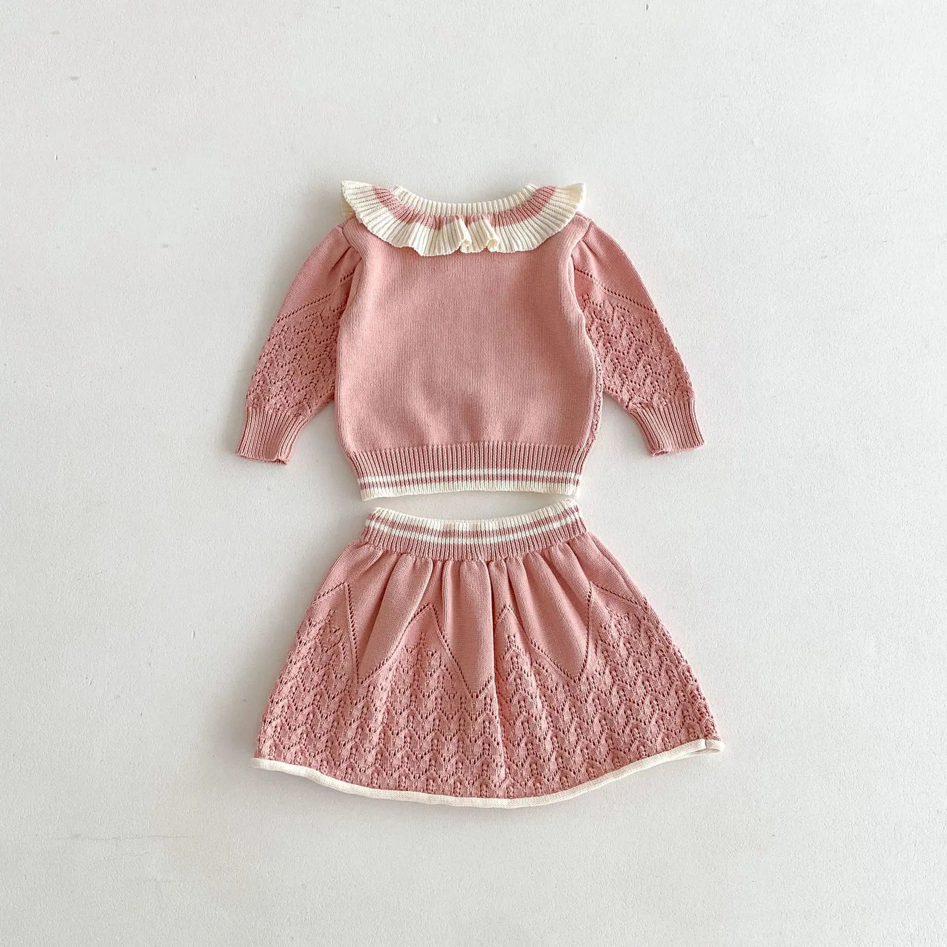 -キッズトップス/スカート レースニットフリルサークル襟セーター/レースニットAラインスカート 2カラー - mamahalo shop - 長袖セットアップ -  べビー服 - 子供服 - 男の子 - 女の子