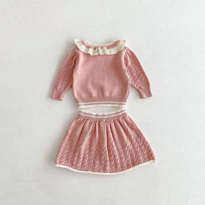 -キッズトップス/スカート レースニットフリルサークル襟セーター/レースニットAラインスカート 2カラー - mamahalo shop - 長袖セットアップ -  べビー服 - 子供服 - 男の子 - 女の子