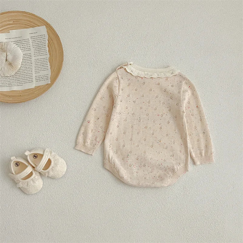 -ベビーロンパース レースニット 長袖ロンパース ベージュ - mamahalo shop - 長袖ロンパース -  べビー服 - 子供服 - 男の子 - 女の子