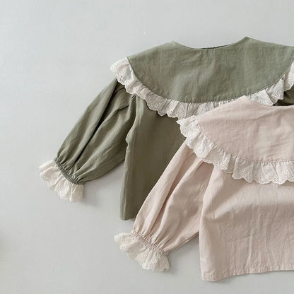 -ベビートップス 長袖ブラウス レースフリル 長袖シャツ ベージュ/グリーン/2カラー - mamahalo shop - 長袖シャツ・ブラウス -  べビー服 - 子供服 - 男の子 - 女の子