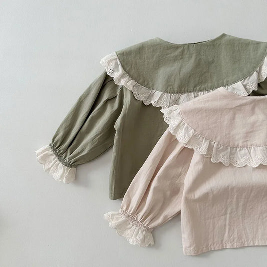 -ベビートップス 長袖ブラウス レースフリル 長袖シャツ ベージュ/グリーン/2カラー - mamahalo shop - 長袖シャツ・ブラウス -  べビー服 - 子供服 - 男の子 - 女の子