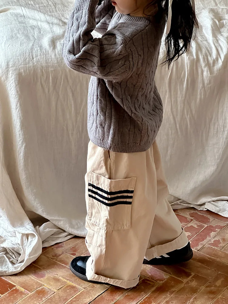 -キッズパンツ サイドラインポケットワイドカーゴパンツ 2カラー - mamahalo shop - ロングパンツ・スウェットパンツ -  べビー服 - 子供服 - 男の子 - 女の子