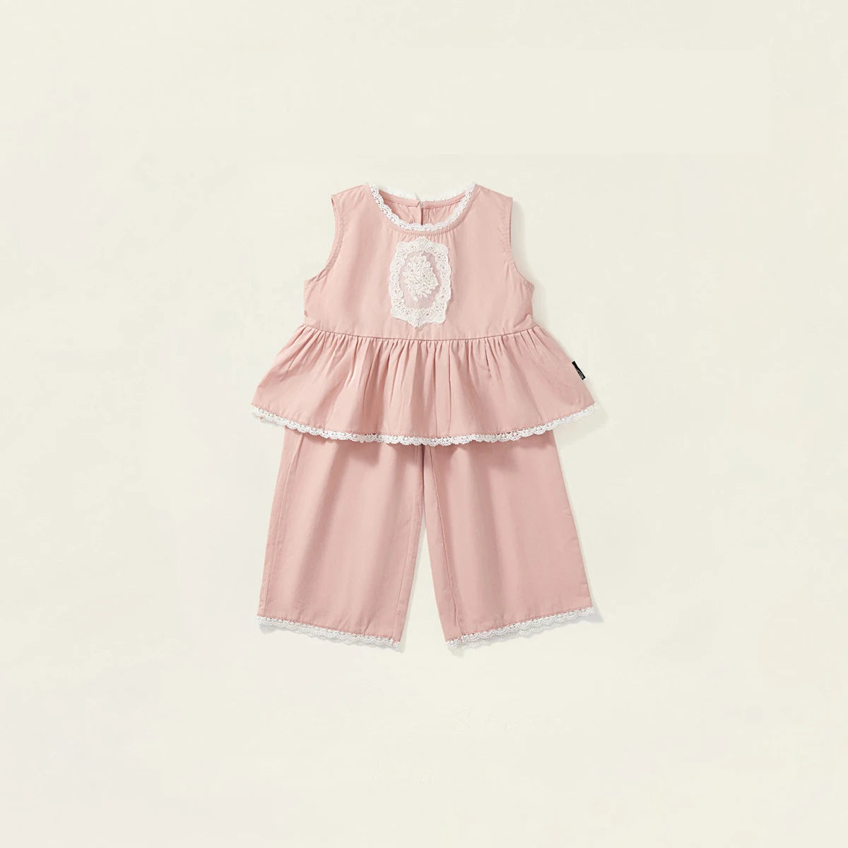 -キッズセットアップ 2点セットアップ ノースリーブペプラムブラウス+ルーズロングパンツ レース刺繍 お出かけ ピンク【mh0005731】 - mamahalo shop - ノースリーブセットアップ -  べビー服 - 子供服 - 男の子 - 女の子