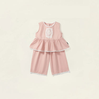 -キッズセットアップ 2点セットアップ ノースリーブペプラムブラウス+ルーズロングパンツ レース刺繍 お出かけ ピンク【mh0005731】 - mamahalo shop - ノースリーブセットアップ -  べビー服 - 子供服 - 男の子 - 女の子
