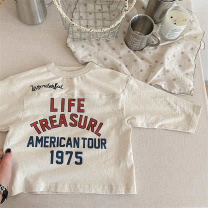 -キッズトップス 長袖Tシャツ パッチワーク レターロゴ ベースボールデザイン 3カラー - mamahalo shop - 長袖Tシャツ -  べビー服 - 子供服 - 男の子 - 女の子