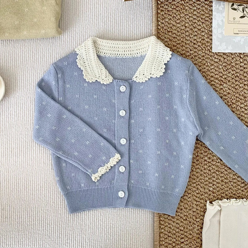 -ベビーキッズカーディガン レース襟 薄手ニットセーター 水玉ドット 2カラー - mamahalo shop - カーディガン・パーカー -  べビー服 - 子供服 - 男の子 - 女の子