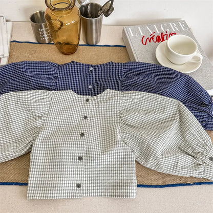 -キッズトップス 長袖パフスリーブブラウス チュニック チェック柄 ベージュ/ブルー/2カラー - mamahalo shop - 長袖シャツ・ブラウス -  べビー服 - 子供服 - 男の子 - 女の子