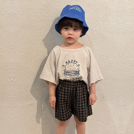 キッズ セットアップ ハンバーガー プリント 半袖 Tシャツ チェック ショートパンツ 2カラー ユニセックス - mamahalo shop - 半袖セットアップ - ベビー服 - 子供服 - 男の子 - 女の子