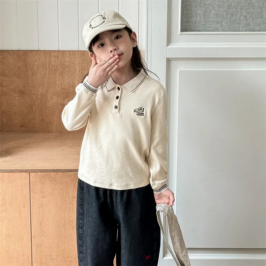 -キッズトップス 犬刺繍ワンポイント長袖ポロシャツ 2カラー - mamahalo shop - 長袖シャツ・ブラウス -  べビー服 - 子供服 - 男の子 - 女の子