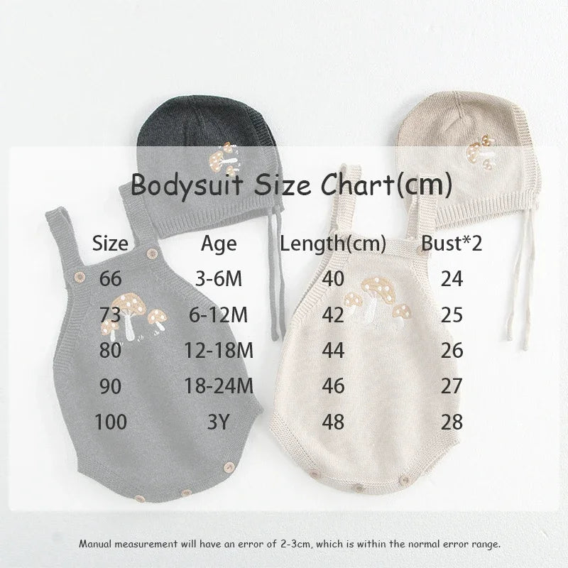 -ベビーカーディガン/ロンパース ニットきのこ刺繍カーディガンジャケット/ニットマッシュルーム刺繍サスペンダーボディスーツ+ボンネット帽子セット 2カラー【mh0006696】 - mamahalo shop - ロンパースセットアップ -  べビー服 - 子供服 - 男の子 - 女の子