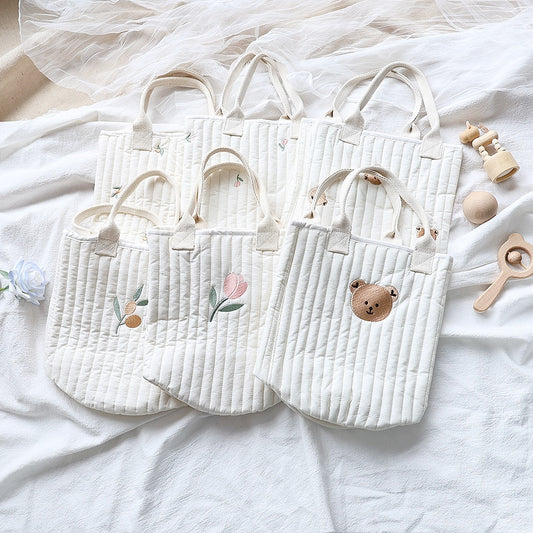 -キルティング 刺繍 バケツ バック ママバッグ くま オリーブ チューリップ - mamahalo shop - マザーズバッグ -  べビー服 - 子供服 - 男の子 - 女の子