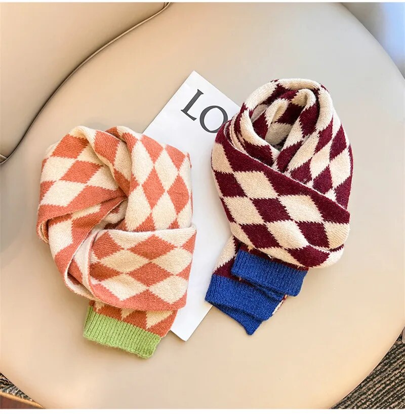 -キッズ ダイヤチェック ニット マフラー スカーフ - mamahalo shop - ネックウォーマー -  べビー服 - 子供服 - 男の子 - 女の子