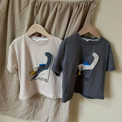 -キッズトップス 半袖Tシャツ ダイナソー恐竜アップリケ 2カラー【mh0005856】 - mamahalo shop - 半袖Tシャツ -  べビー服 - 子供服 - 男の子 - 女の子