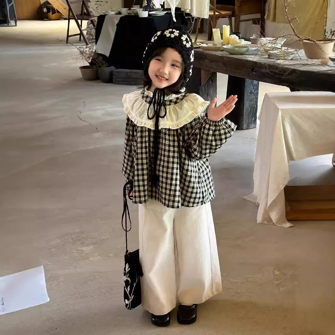 -キッズトップス ラッフル襟チェック長袖チュニックブラウス【mh0007319】 - mamahalo shop - 長袖シャツ・ブラウス -  べビー服 - 子供服 - 男の子 - 女の子