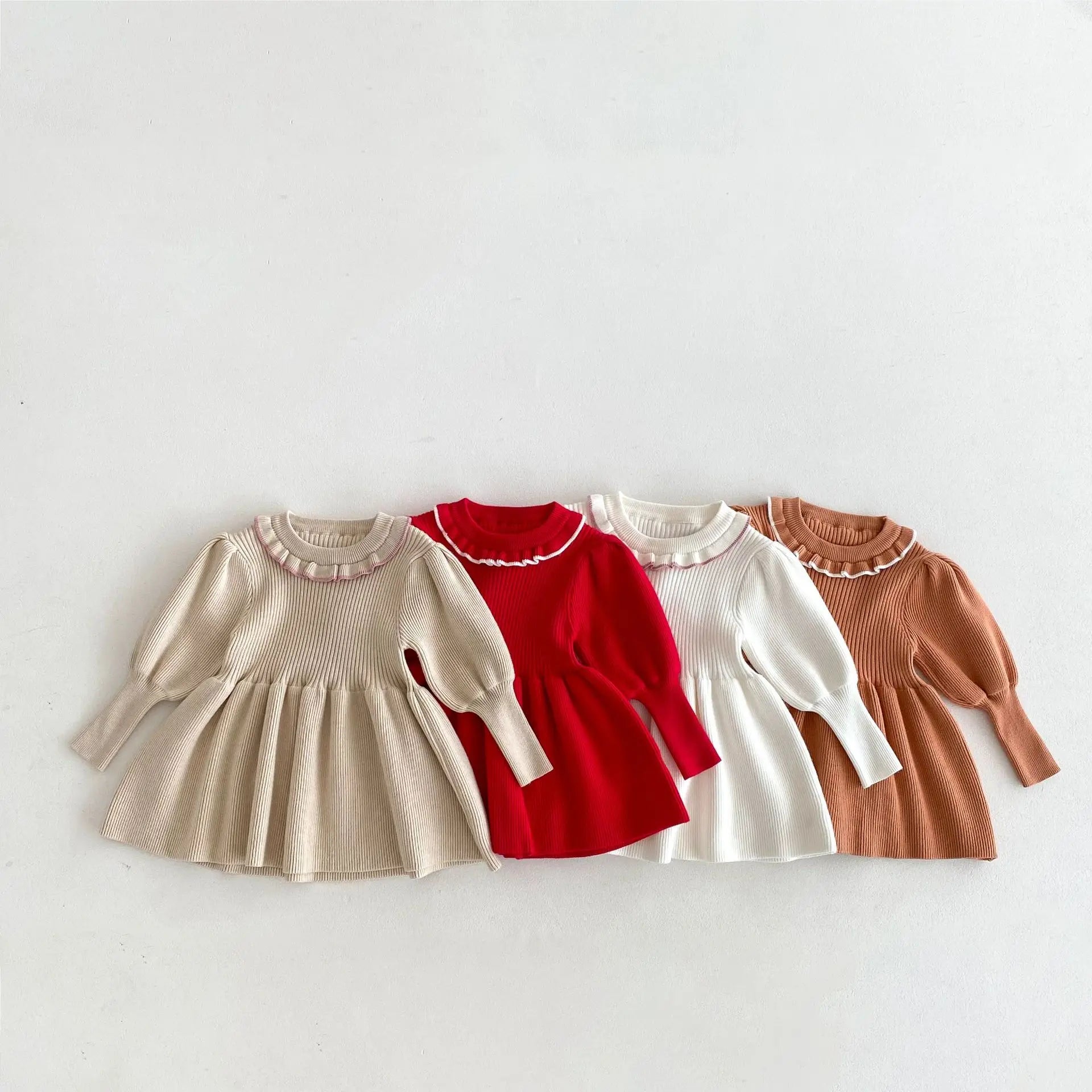 -キッズワンピース ニット 長袖パフスリーブワンピース 4カラー【mh0006628】 - mamahalo shop - 長袖ワンピース -  べビー服 - 子供服 - 男の子 - 女の子