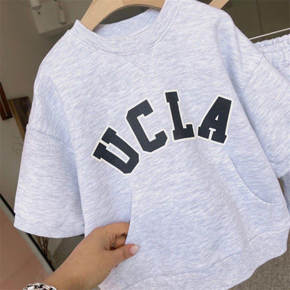 -キッズ UCLA レターロゴ スウェット セットアップ 半袖 トップス ショートパンツ グレー グリーン ユニセックス【mh0002274】 - mamahalo shop - 半袖セットアップ -  べビー服 - 子供服 - 男の子 - 女の子