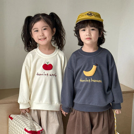 キッズトップス バナナ/りんごアップリケ長袖スウェットシャツ - mamahalo shop - 長袖Tシャツ -  べビー服 - 子供服 - 男の子 - 女の子