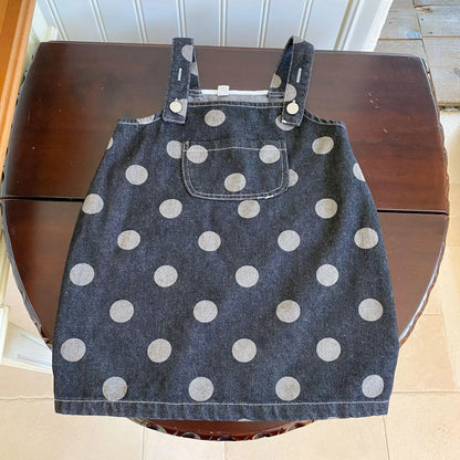 -キッズパンツ/サスペンダースカート デニム水玉ポルカドットプリントルーズロングパンツ/サスペンダーオーバーオールスカート リンクコーデ 兄弟姉妹 お揃いコーデ - mamahalo shop - ノースリーブワンピース -  べビー服 - 子供服 - 男の子 - 女の子