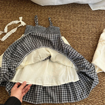 キッズワンピース キャミソールドレス チェックボーダー フリルスカート - mamahalo shop - ノースリーブワンピース - ベビー服 - 子供服 - 男の子 - 女の子