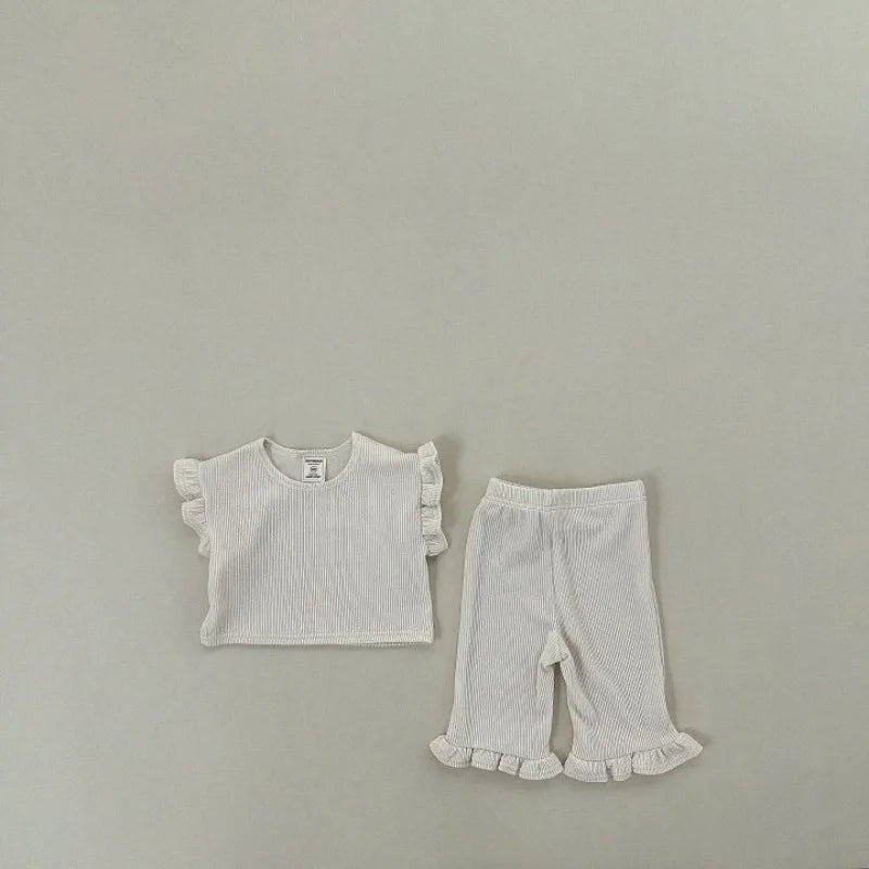 -キッズセットアップ 2点セット フリルスリーブTシャツ+裾フリルルーズロングパンツ 4カラー【mh0005388】 - mamahalo shop - 半袖セットアップ -  べビー服 - 子供服 - 男の子 - 女の子