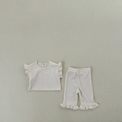 -キッズセットアップ 2点セット フリルスリーブTシャツ+裾フリルルーズロングパンツ 4カラー【mh0005388】 - mamahalo shop - 半袖セットアップ -  べビー服 - 子供服 - 男の子 - 女の子