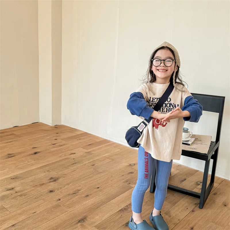 -キッズパンツ サイドレターロゴプリントリブレギンスパンツ 2カラー - mamahalo shop - レギンスパンツ -  べビー服 - 子供服 - 男の子 - 女の子