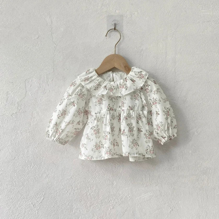 -ベビートップス フラワー小花柄プリントサークルフリル襟長袖パフスリーブチュニックブラウス 3カラー - mamahalo shop - 長袖シャツ・ブラウス -  べビー服 - 子供服 - 男の子 - 女の子