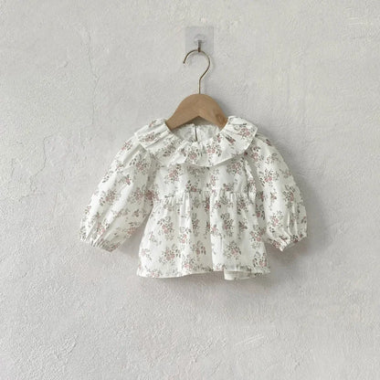 -ベビートップス フラワー小花柄プリントサークルフリル襟長袖パフスリーブチュニックブラウス 3カラー - mamahalo shop - 長袖シャツ・ブラウス -  べビー服 - 子供服 - 男の子 - 女の子