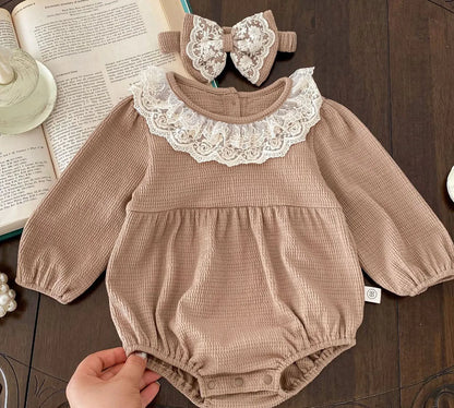 -ベビーロンパース ワッフル レースフリル 長袖ボディスーツ リボンヘアバンドセット コーヒー/ベージュ/2カラー - mamahalo shop - 長袖ロンパース -  べビー服 - 子供服 - 男の子 - 女の子