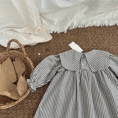 -キッズワンピース ストライプビッグ襟長袖ワンピース - mamahalo shop - 長袖ワンピース -  べビー服 - 子供服 - 男の子 - 女の子