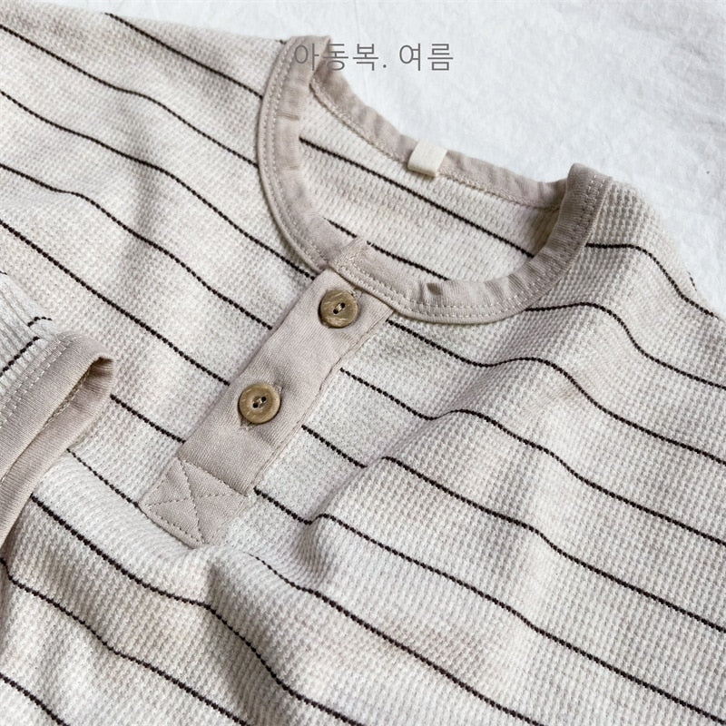 -キッズ ボーダー セットアップ 半袖 Tシャツ ショートパンツ ベージュ アーミーグリーン ボーイズ - mamahalo shop - 半袖セットアップ -  べビー服 - 子供服 - 男の子 - 女の子