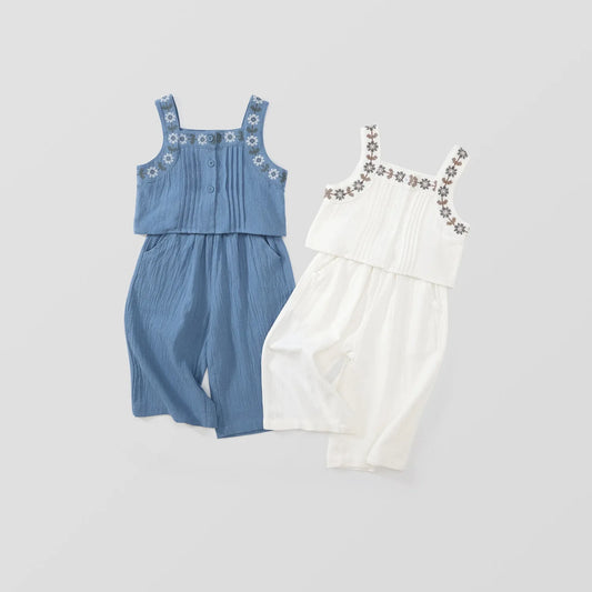 -キッズセットアップ 2点セット キャミソールトップス+ワイドルーズパンツ フラワー花柄刺繍 2カラー - mamahalo shop - ノースリーブセットアップ -  べビー服 - 子供服 - 男の子 - 女の子