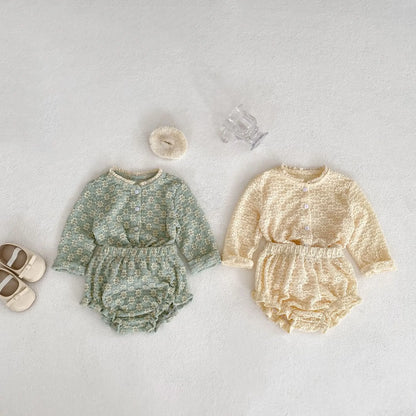 -ベビーセットアップ 2点セット フラワー柄レースニットカーディガン+フリルブルマパンツ 2カラー - mamahalo shop - 長袖セットアップ -  べビー服 - 子供服 - 男の子 - 女の子