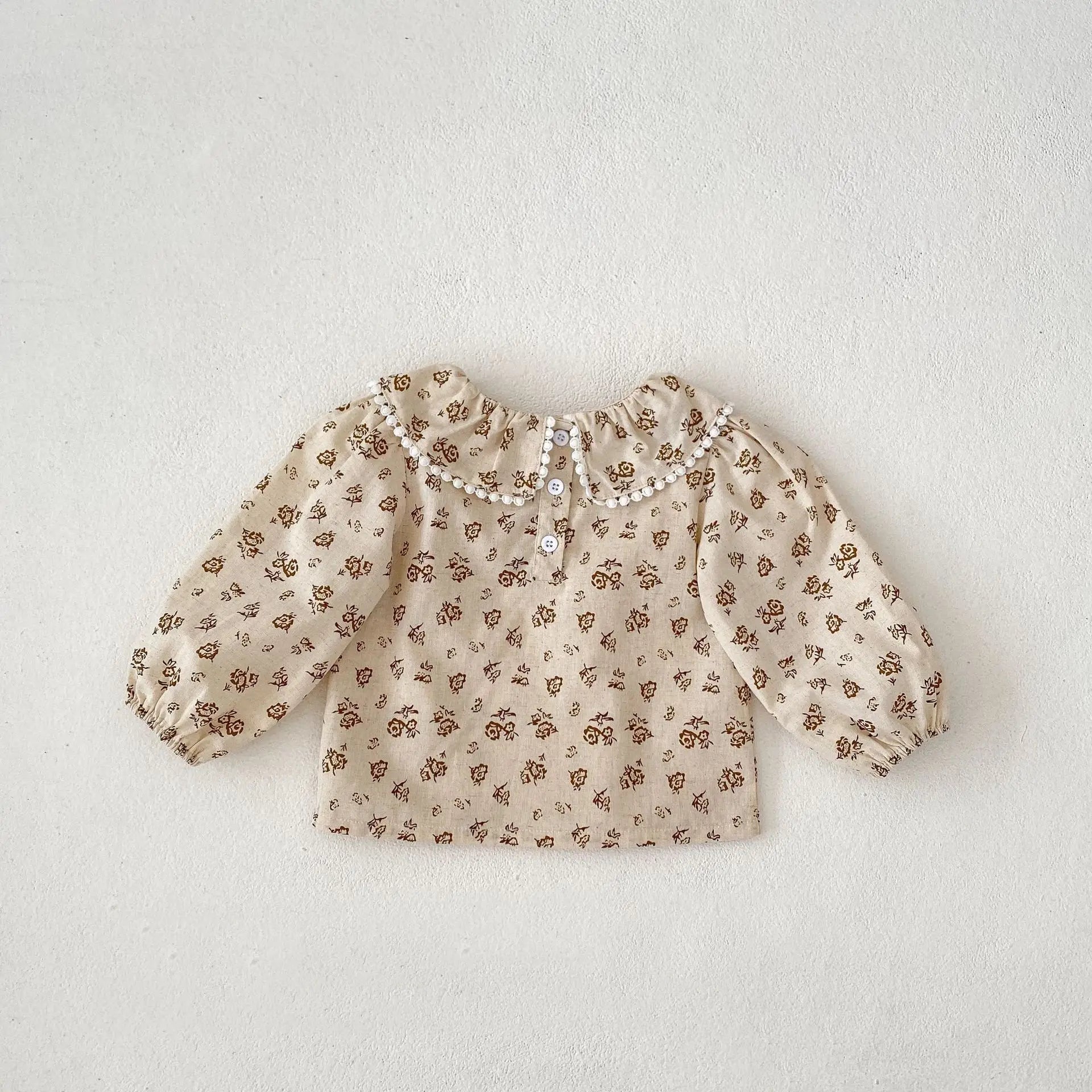 -ベビーキッズトップス/ワンピース フラワー小花柄プリントラッフル襟長袖ブラウス/ノースリーブ刺繍ポケットジャンパースカート - mamahalo shop - 長袖セットアップ -  べビー服 - 子供服 - 男の子 - 女の子