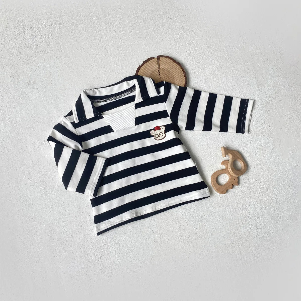 -ベビートップス ベアくまワッペンボーダー長袖ラガーシャツ 2カラー【mh0007070】 - mamahalo shop - 長袖Tシャツ -  べビー服 - 子供服 - 男の子 - 女の子