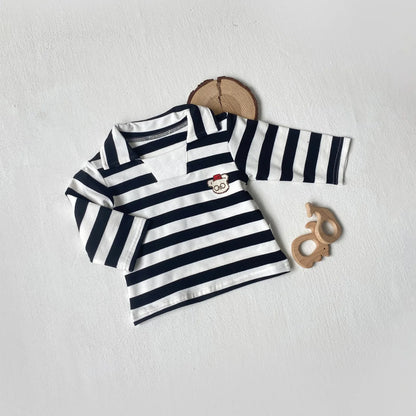 -ベビートップス ベアくまワッペンボーダー長袖ラガーシャツ 2カラー【mh0007070】 - mamahalo shop - 長袖Tシャツ -  べビー服 - 子供服 - 男の子 - 女の子