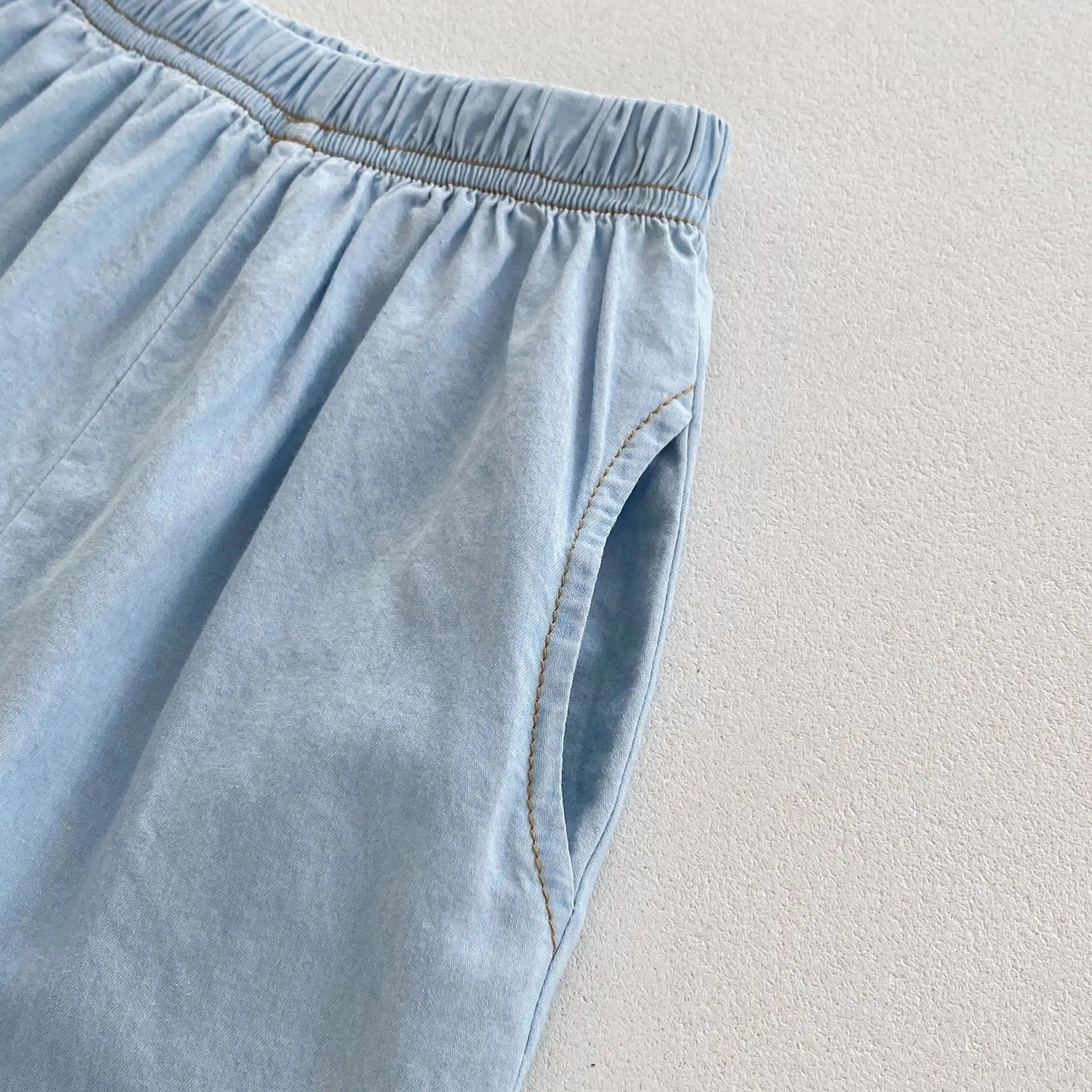 -キッズセットアップ 2点セット ノースリーブブラウス+ロングパンツ デニム ライトブルー【mh0006316】 - mamahalo shop - ノースリーブセットアップ -  べビー服 - 子供服 - 男の子 - 女の子