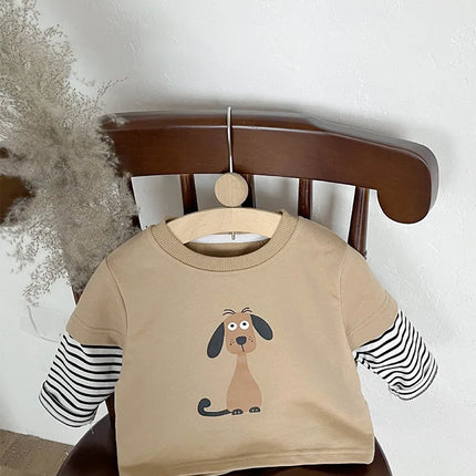 ベビーキッズトップス ボーダー袖ドッキング犬ドッグプリント長袖Tシャツ - mamahalo shop - 長袖Tシャツ -  べビー服 - 子供服 - 男の子 - 女の子