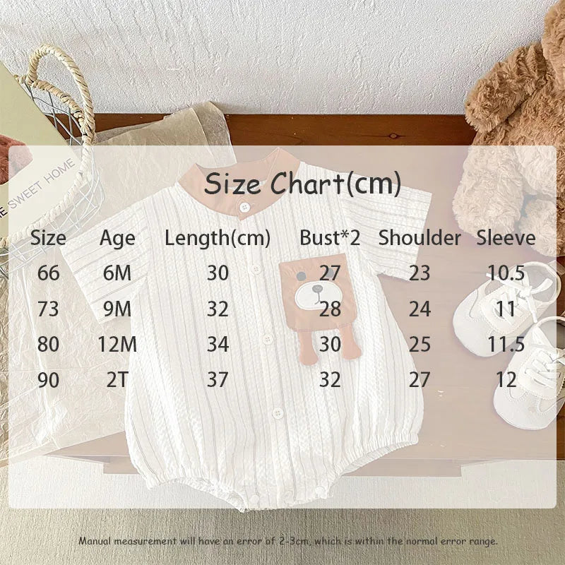 -ベビーロンパース 半袖ボディスーツ ノーカラーシャツ ベアくまポケット ストライプ【mh0006166】 - mamahalo shop - 半袖ロンパース -  べビー服 - 子供服 - 男の子 - 女の子