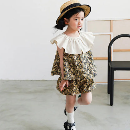 -キッズ ストライプ セットアップ フリルカラー 半袖 ブラウス バルーン ショートパンツ - mamahalo shop - ノースリーブセットアップ -  べビー服 - 子供服 - 男の子 - 女の子