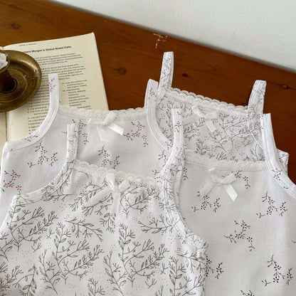 -☺︎ ベビーロンパース キャミソールボディスーツ リボン ボタニカルプリント柄 肌着 - mamahalo shop - ノースリーブロンパース -  べビー服 - 子供服 - 男の子 - 女の子