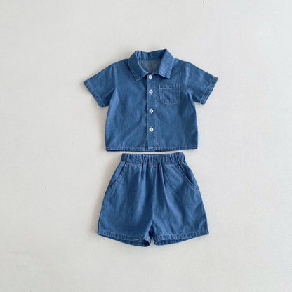 -キッズセットアップ 2点セット デニム 半袖シャツ+ショートパンツ 2カラー - mamahalo shop - 半袖セットアップ -  べビー服 - 子供服 - 男の子 - 女の子