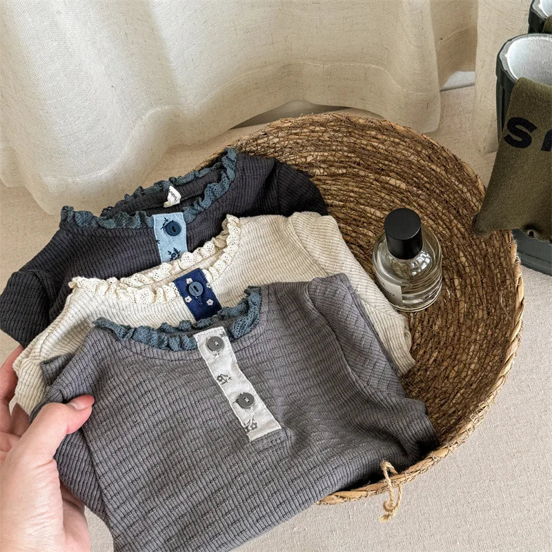 -キッズトップス 長袖Tシャツ レースヘンリーネック 3カラー - mamahalo shop - 長袖Tシャツ -  べビー服 - 子供服 - 男の子 - 女の子