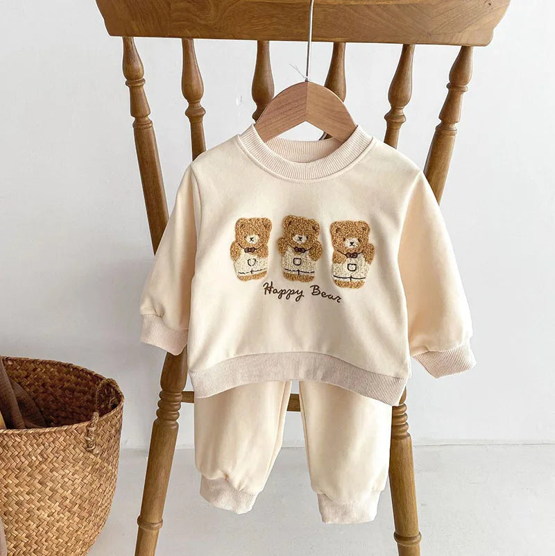 -ベビーセットアップ 2点セット スウェットトレーナー スウェットパンツ ベアくま刺繍  ベージュ/ブラウン/2カラー - mamahalo shop - 長袖セットアップ -  べビー服 - 子供服 - 男の子 - 女の子